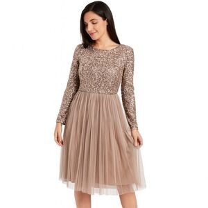Maya Deluxe Sequin Tulle Dress Champagne Long Sleeve Party Occasion Wedding Glam